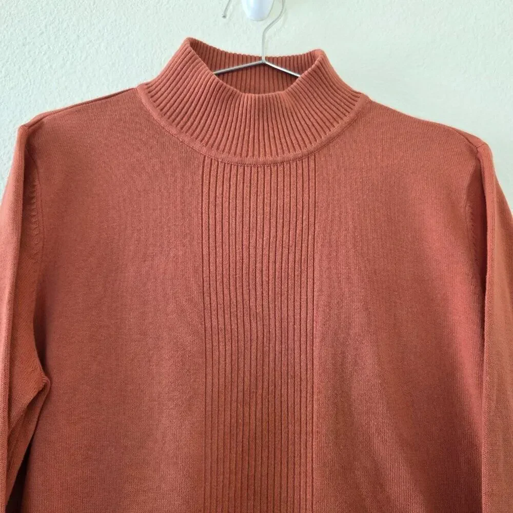 Dressbarn Rust Mock Neck Sweater Womens Size M Ribbed Pullover Burnt Orange